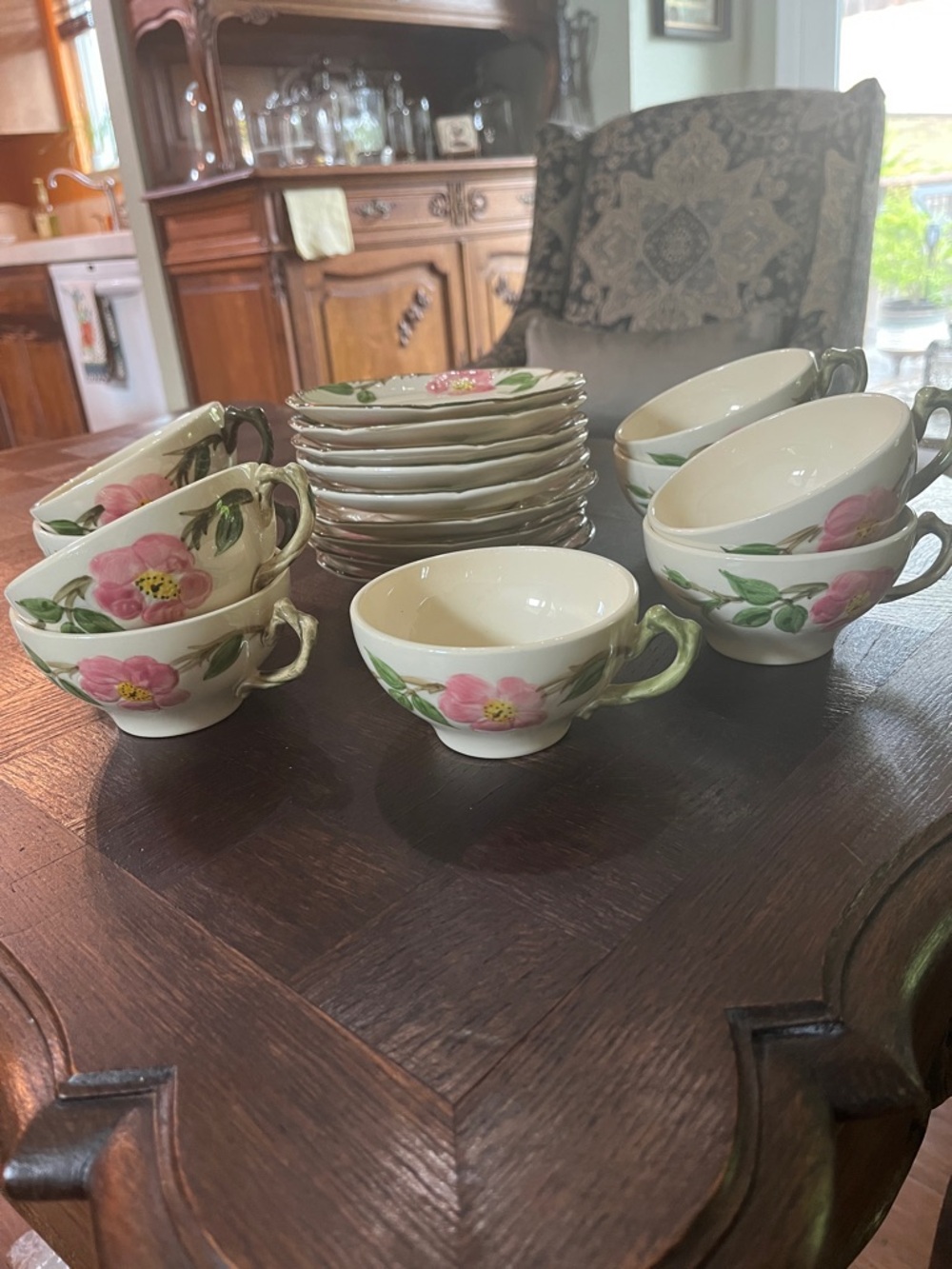 Franciscan Pink Floral Ceramic Tea Cup and Saucer Set with Green Handles